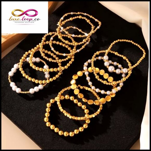 Stretchable Pearl Bead Bracelet Set Stackable Elegant Minimal Adjustable Fashion - Picture 4 of 7